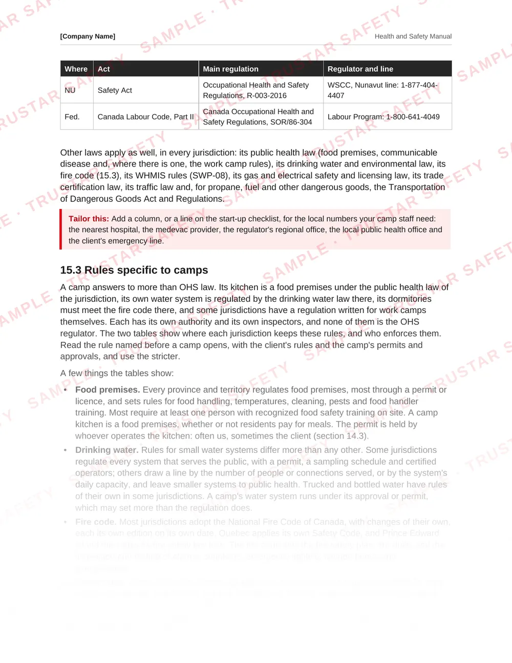 Table of each Canadian jurisdiction's camp rules from the remote camps and catering safety manual template