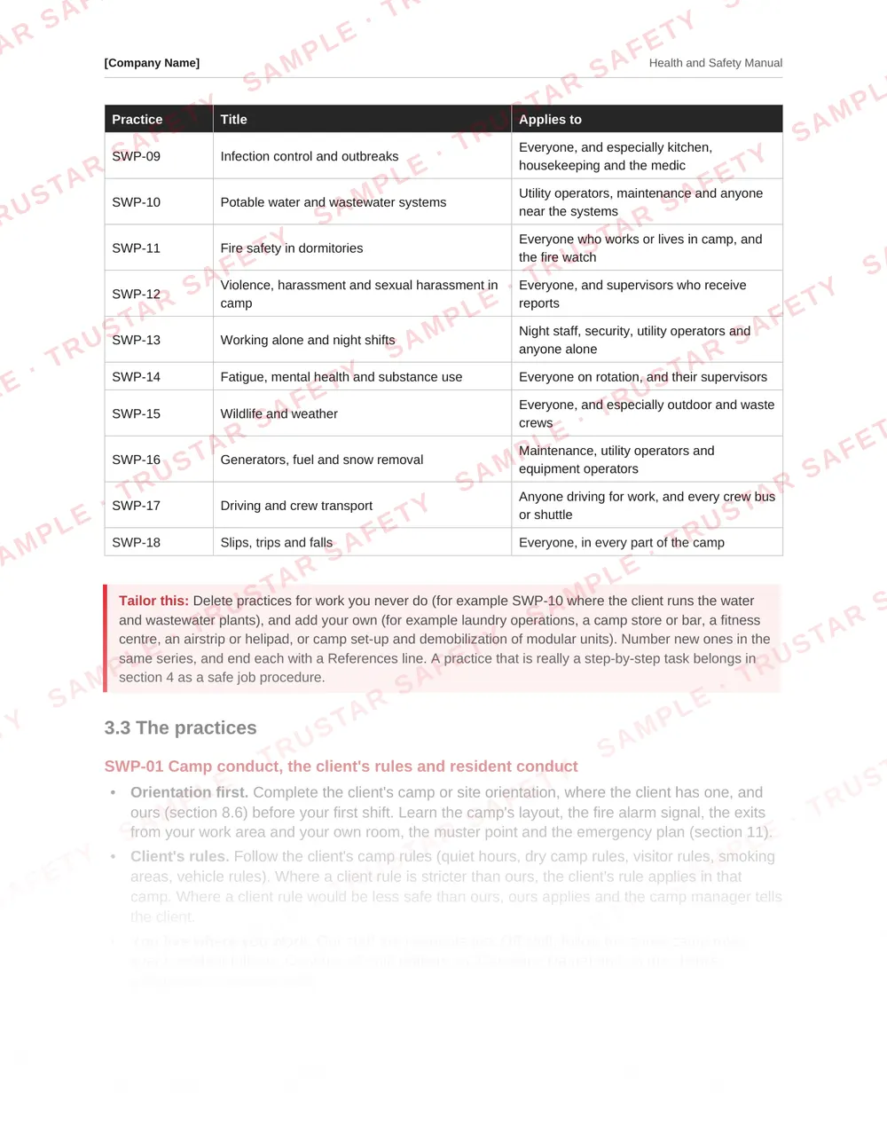 The infection control and outbreaks safe work practice from the remote camps and catering safety manual template