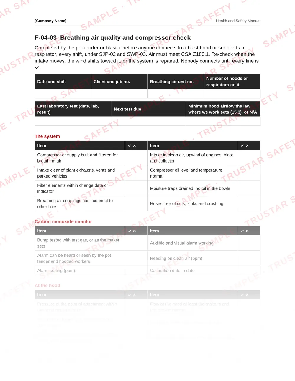 Breathing air quality and compressor check form from the industrial coatings and abrasive blasting safety manual template