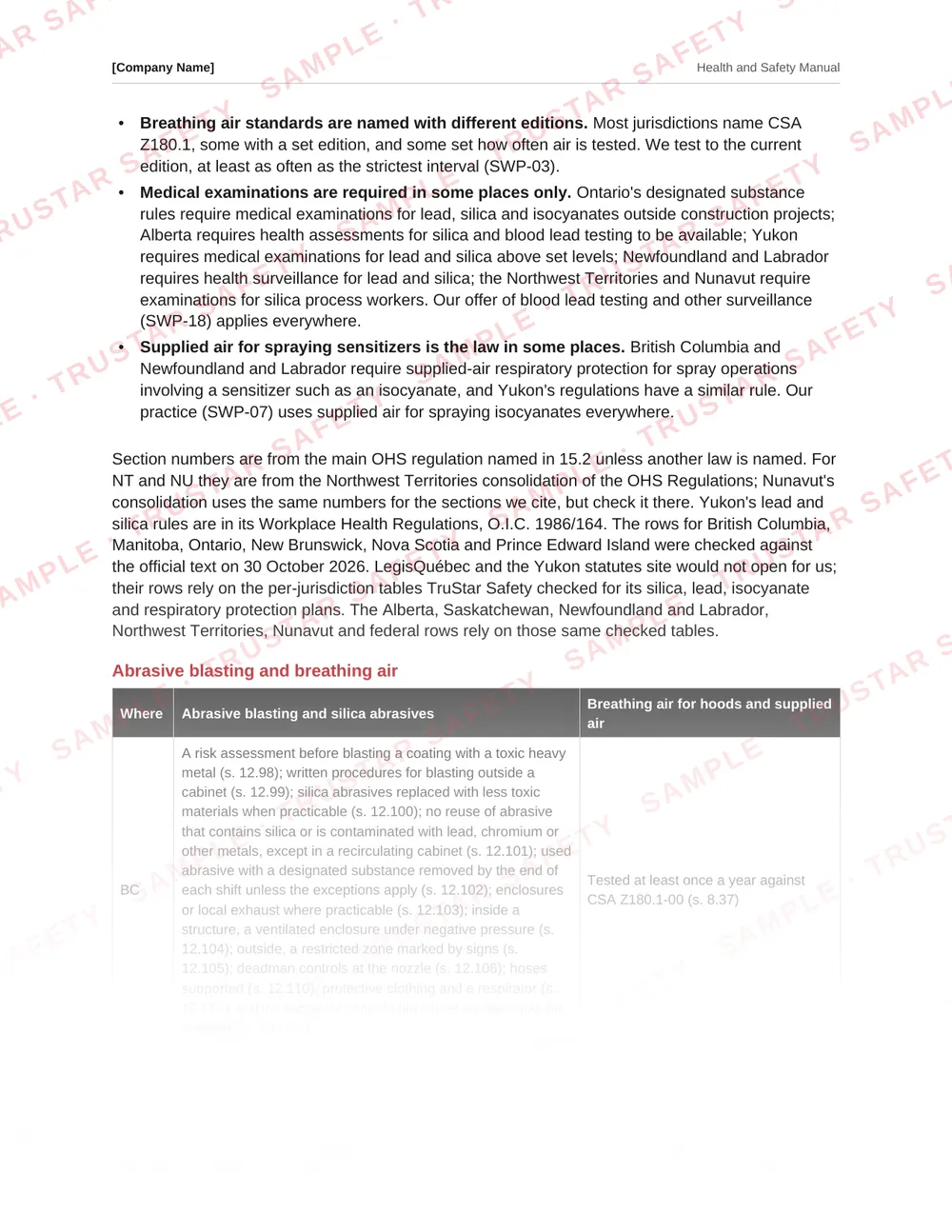Table of each Canadian jurisdiction's blasting and coating rules from the industrial coatings and abrasive blasting safety manual template