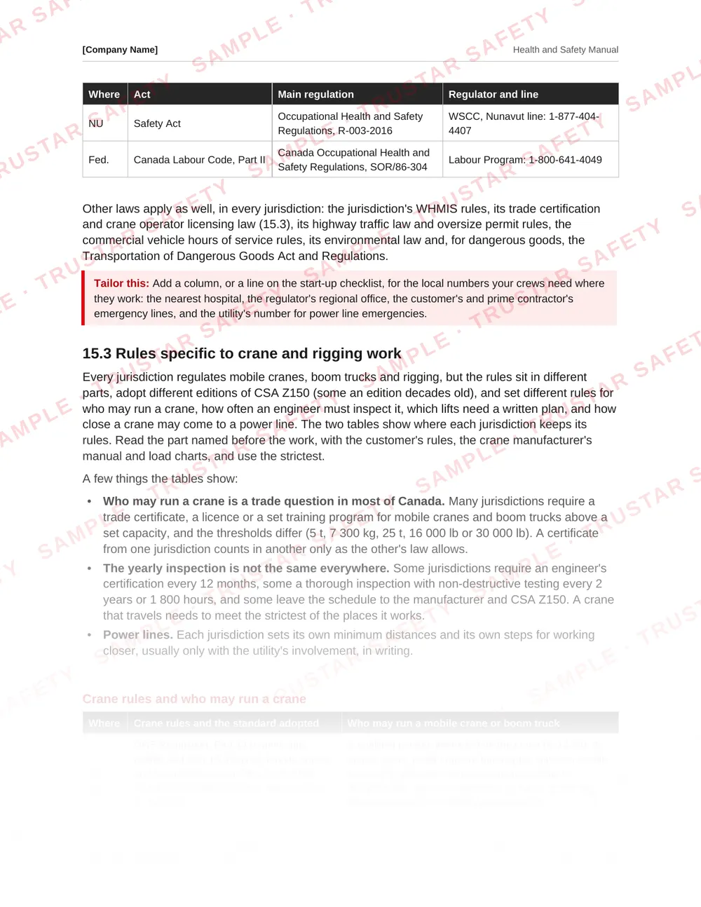Table of each Canadian jurisdiction's crane rules from the mobile crane and rigging safety manual template