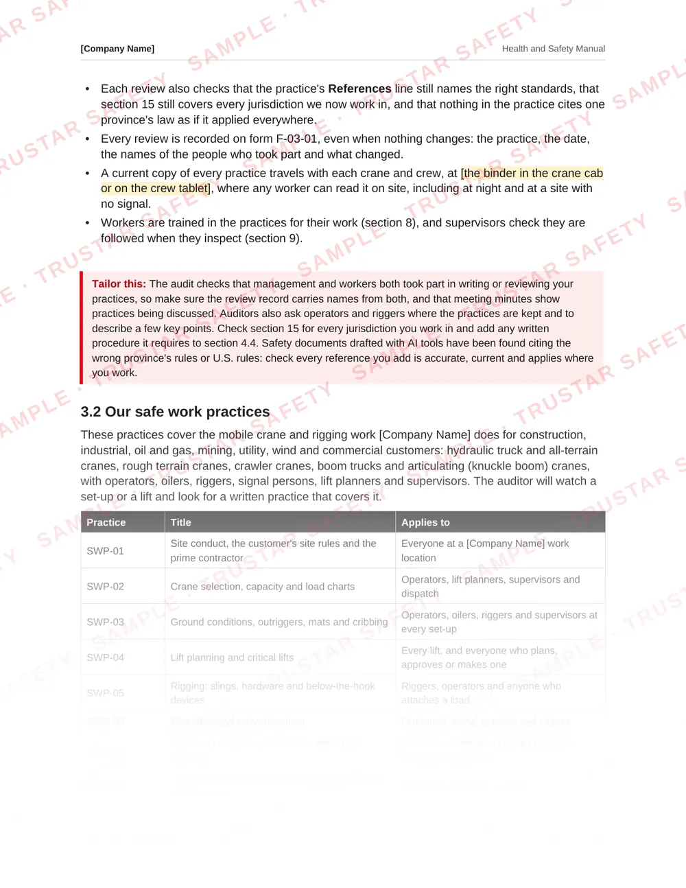 The ground conditions, outriggers, mats and cribbing safe work practice from the mobile crane and rigging safety manual template
