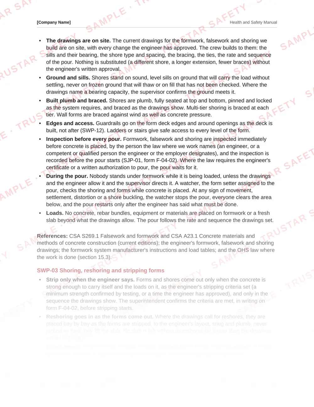 The formwork and falsework design and inspection safe work practice from the concrete, formwork and steel erection safety manual template