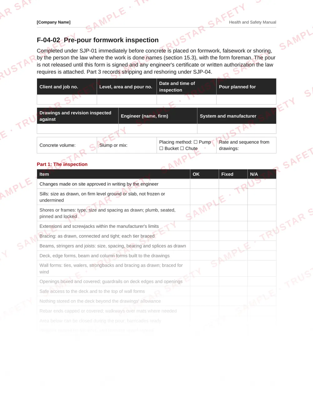 Pre-pour formwork inspection form from the concrete, formwork and steel erection safety manual template
