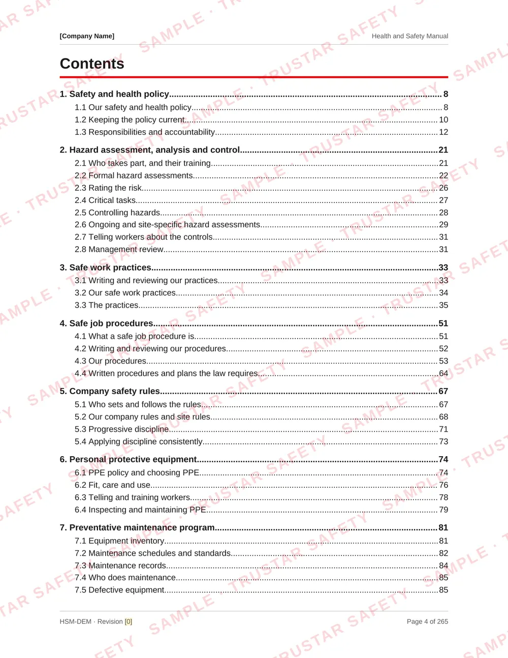 Table of contents of the demolition safety manual template