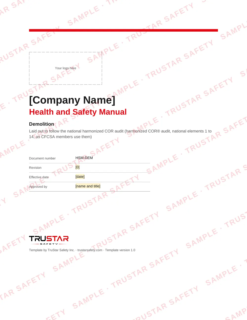 Cover of the demolition safety manual template, with a logo box and the company name field