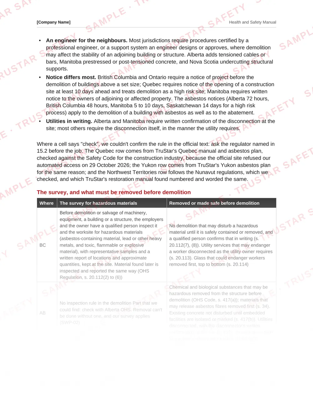 Table of each Canadian jurisdiction's demolition rules from the demolition safety manual template