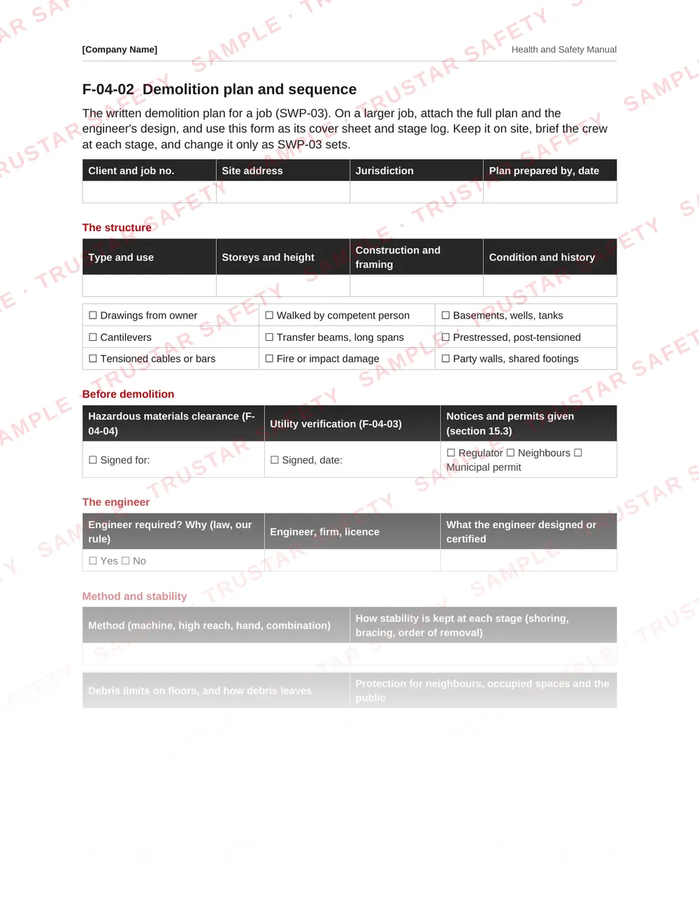 Demolition plan and sequence form from the demolition safety manual template