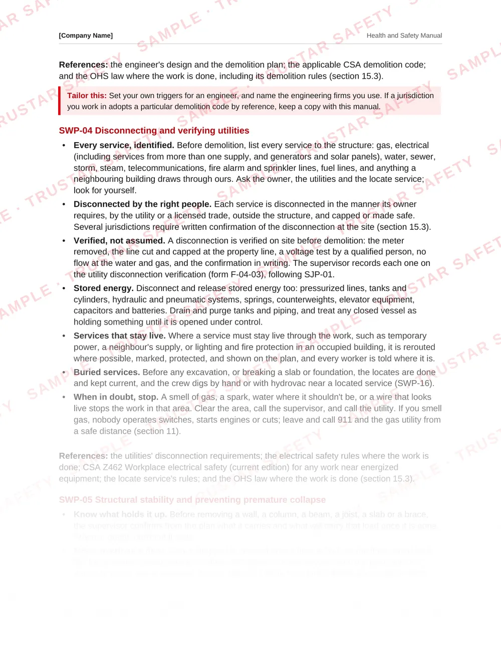The utilities disconnection safe work practice from the demolition safety manual template