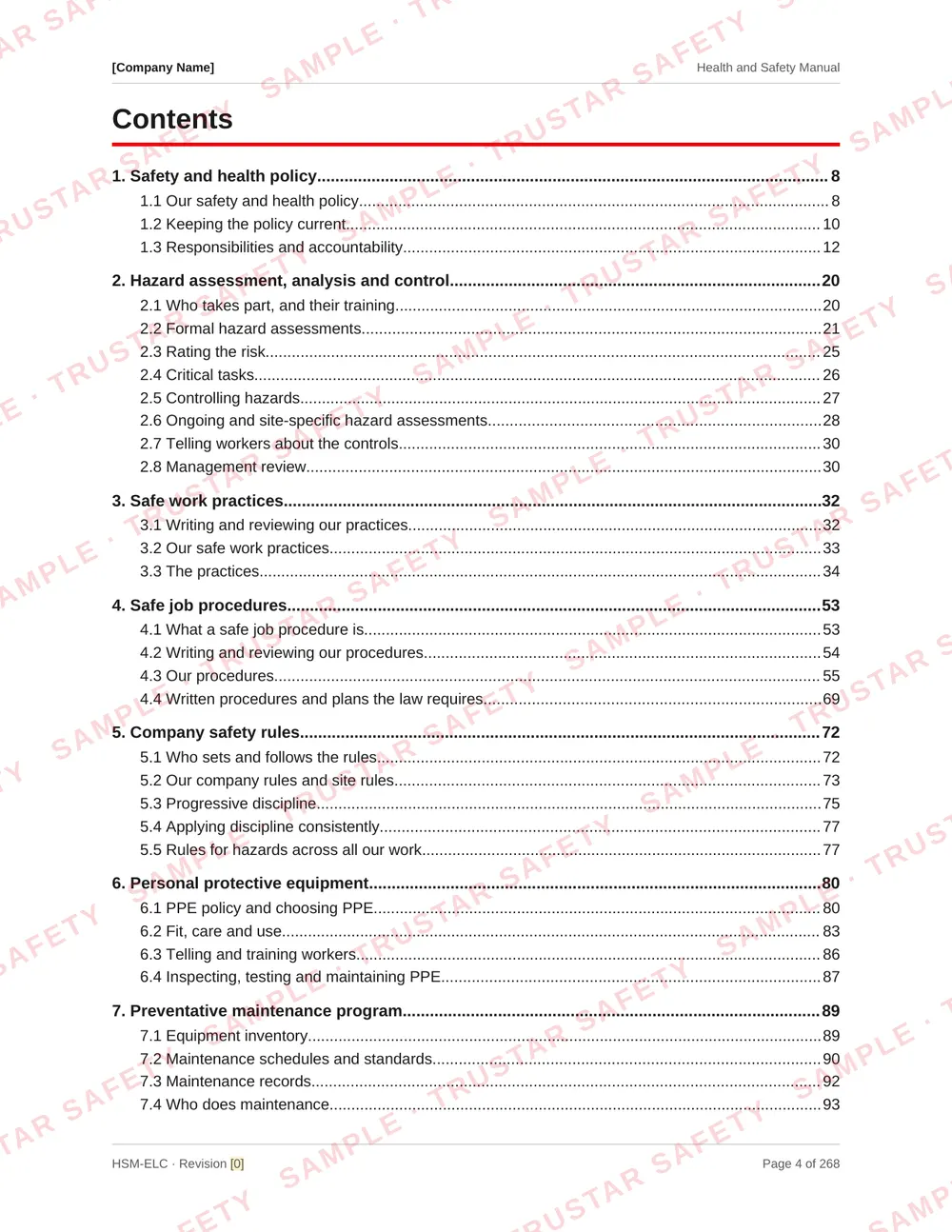 Table of contents of the electrical contractors safety manual template