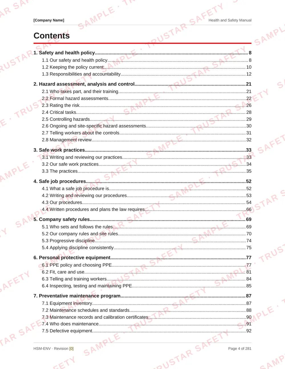 Table of contents of the environmental site assessment and remediation safety manual template