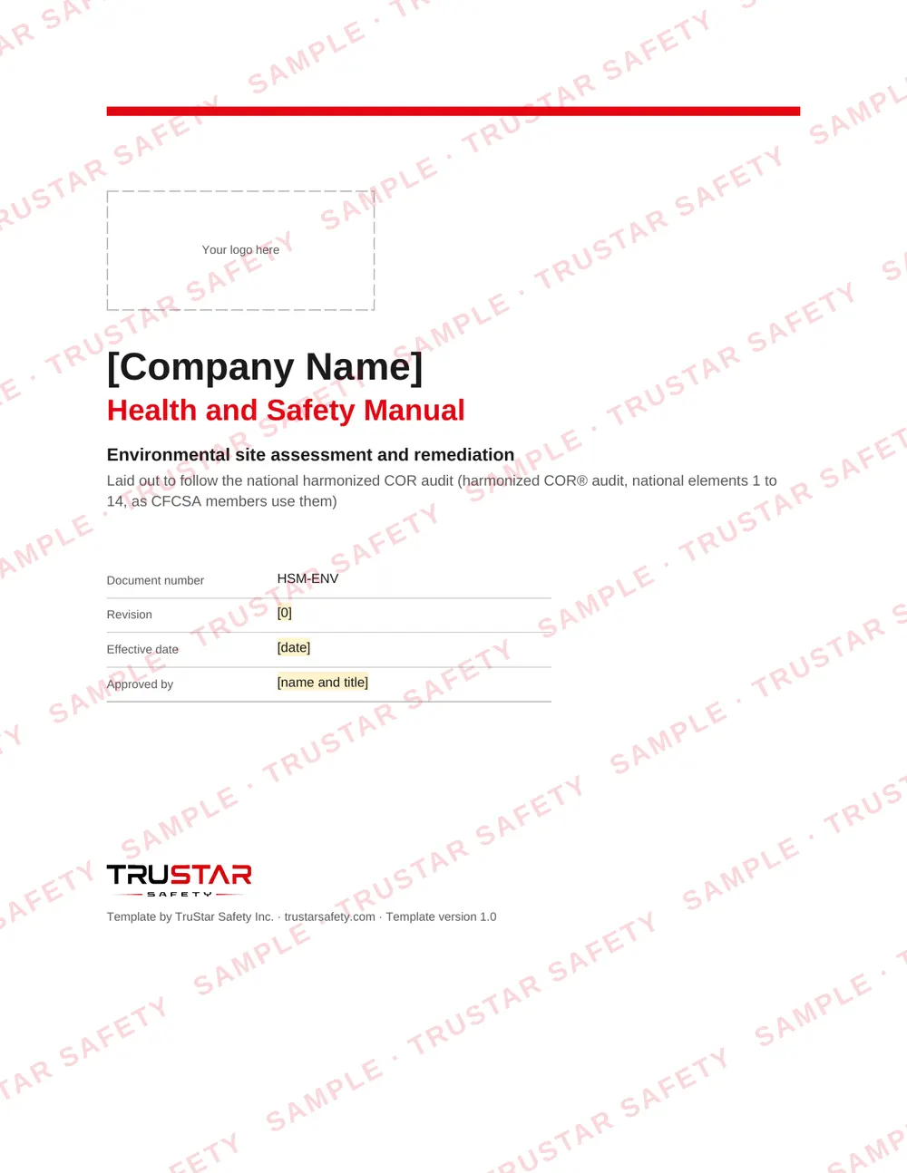 Cover of the environmental site assessment and remediation safety manual template, with a logo box and the company name field