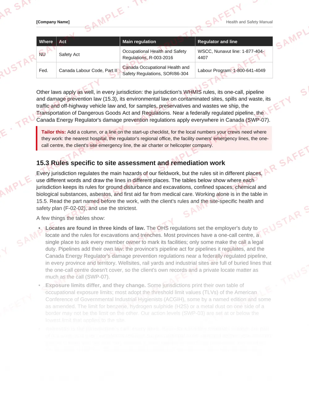 Table of each Canadian jurisdiction's rules from the environmental site assessment and remediation safety manual template