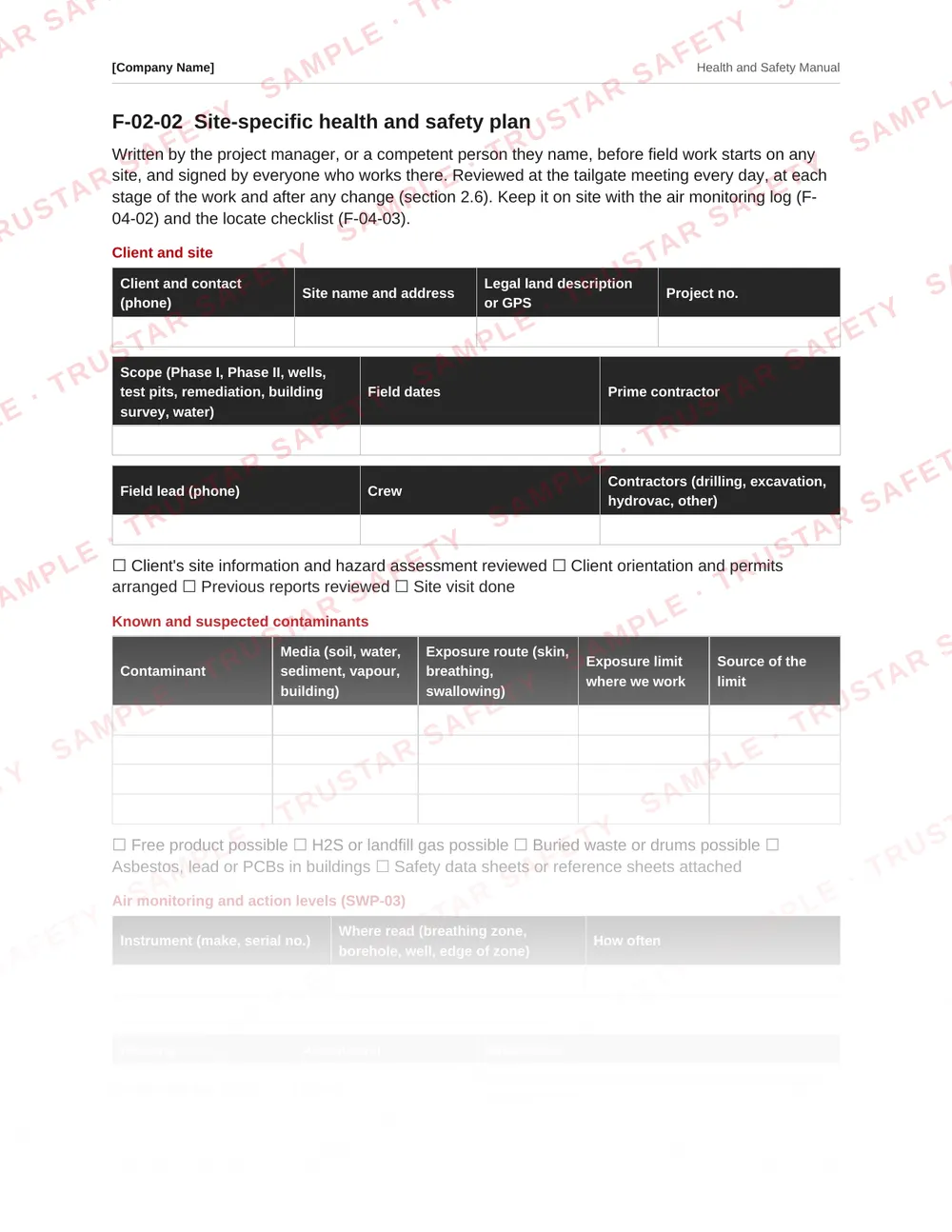 Site-specific health and safety plan from the environmental site assessment and remediation safety manual template