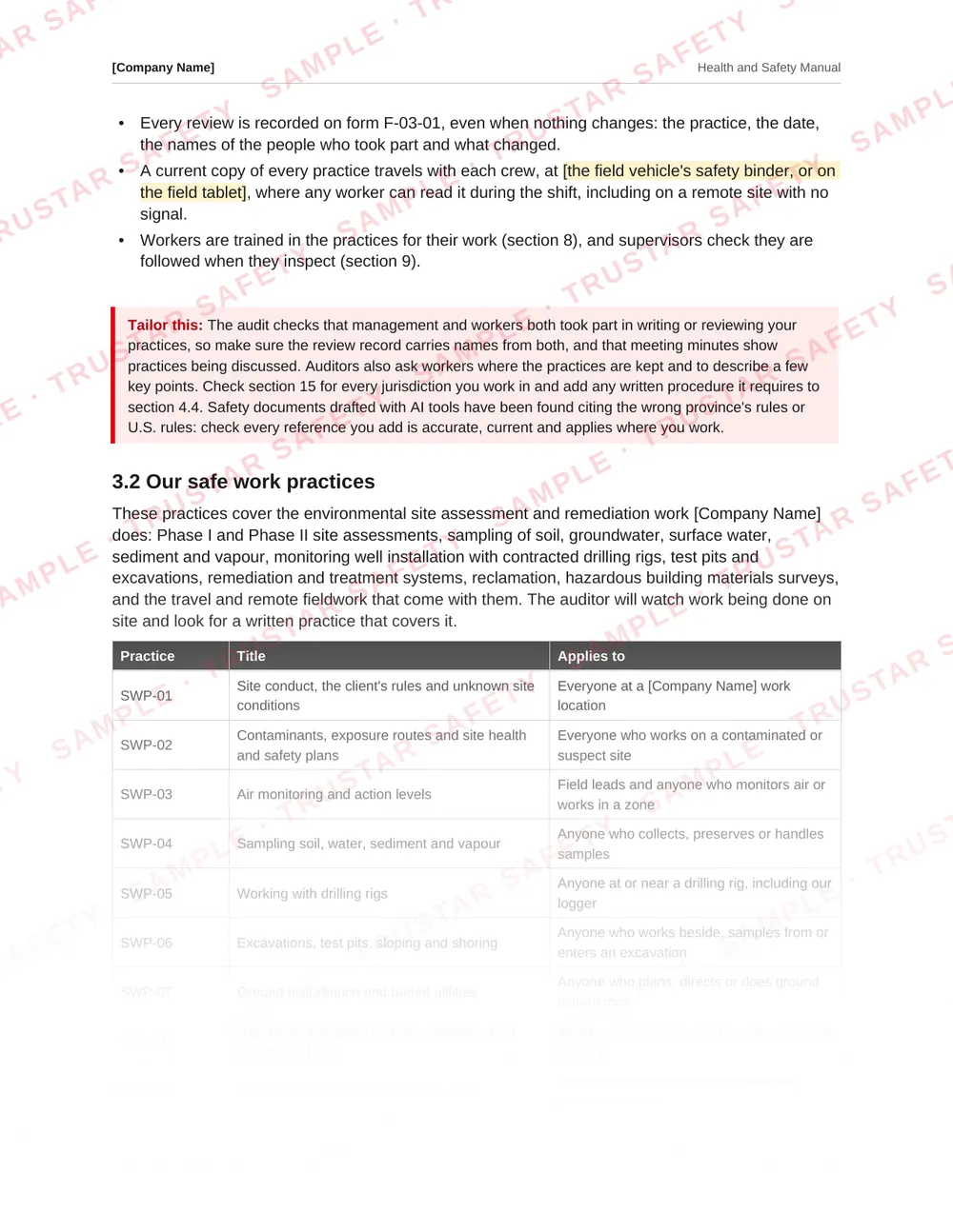 The air monitoring and action levels safe work practice from the environmental site assessment and remediation safety manual template