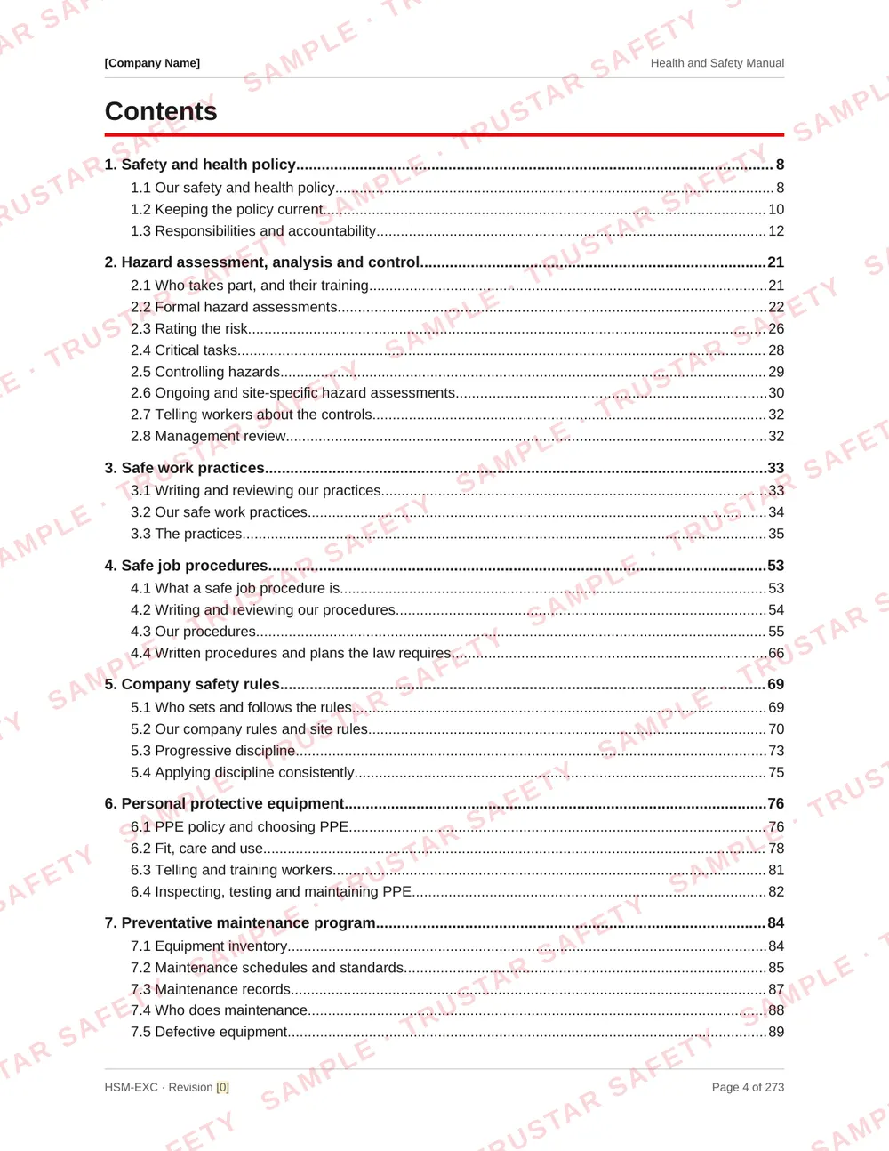Table of contents of the excavation and civil earthworks safety manual template