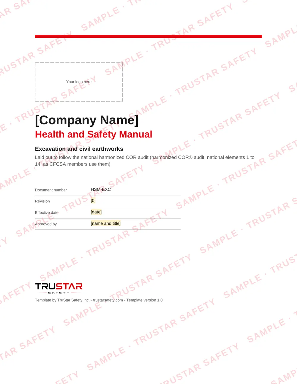 Cover of the excavation and civil earthworks safety manual template, with a logo box and the company name field
