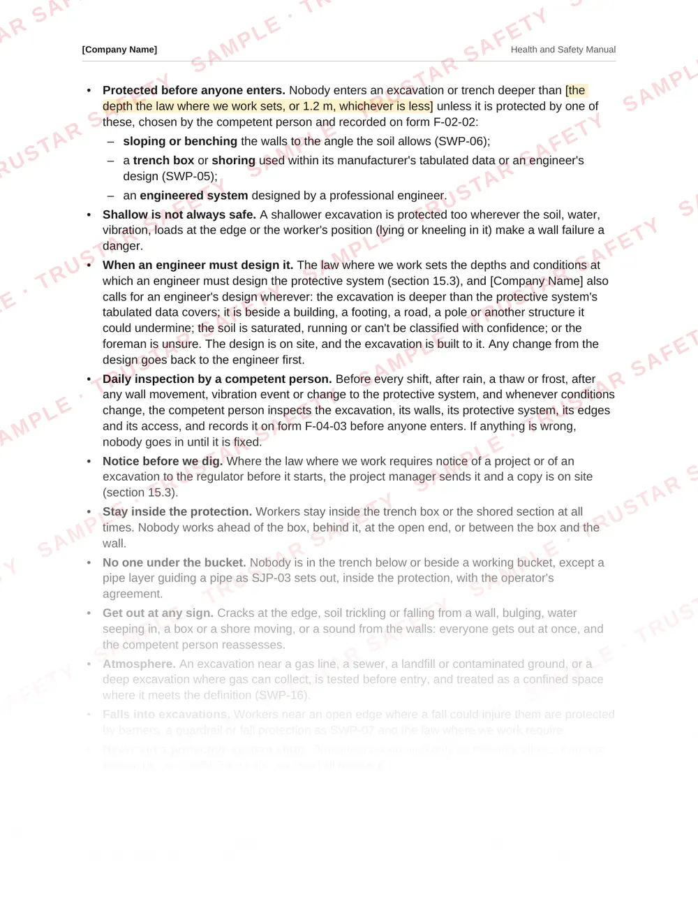 The excavation and trench protection safe work practice from the excavation and civil earthworks safety manual template