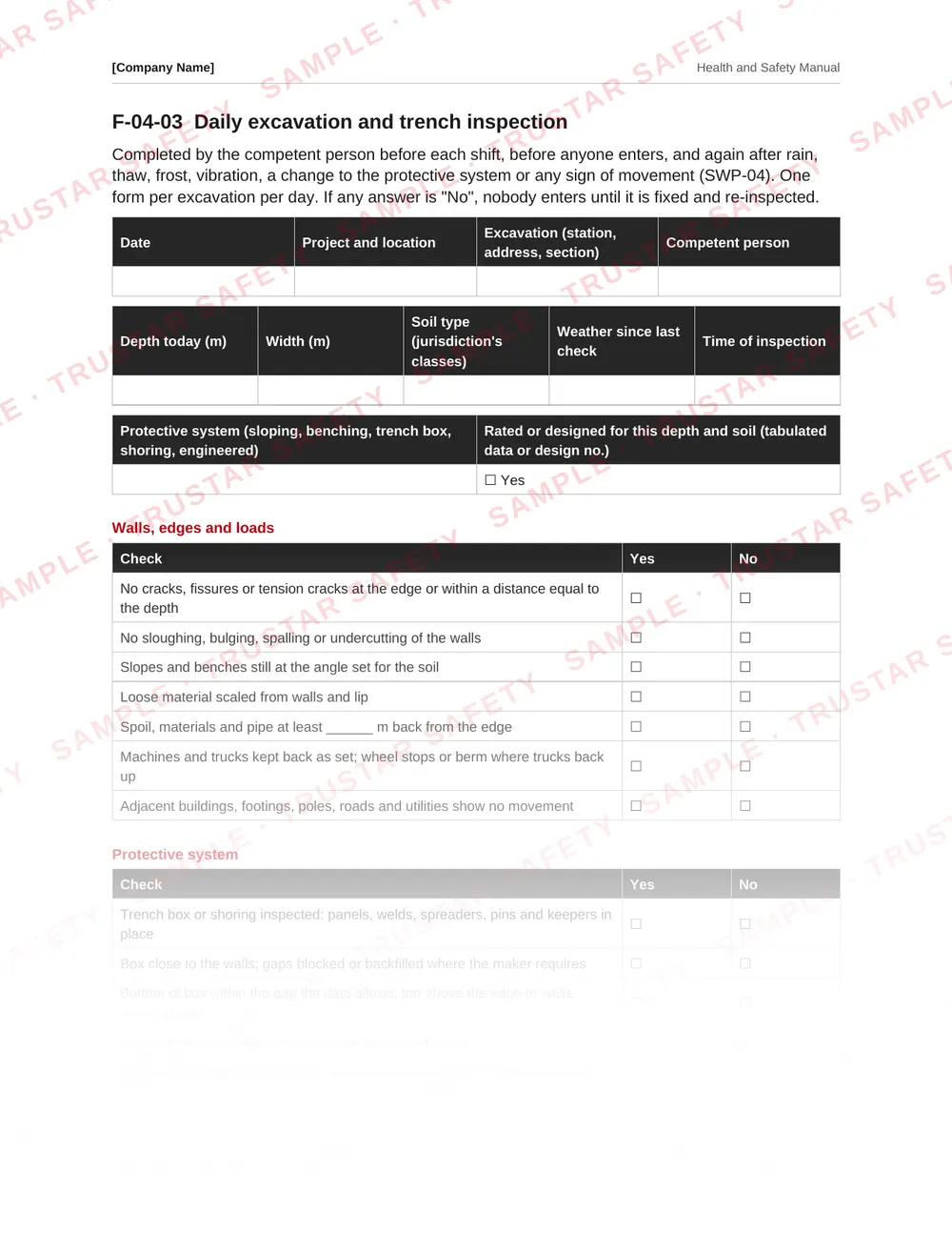 Daily excavation and trench inspection form from the excavation and civil earthworks safety manual template
