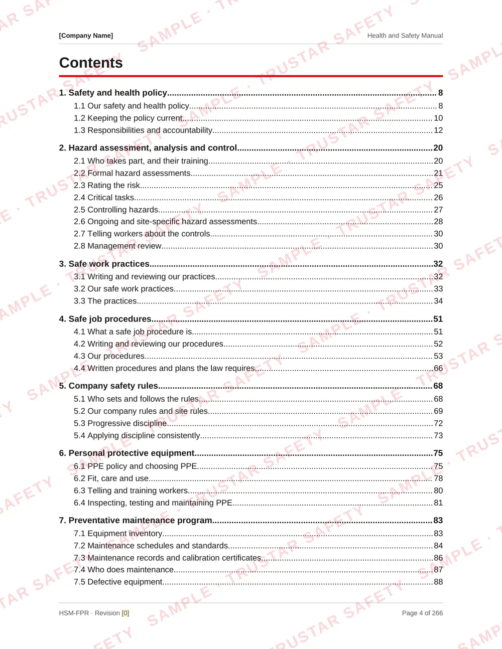 Table of contents of the fire protection service safety manual template