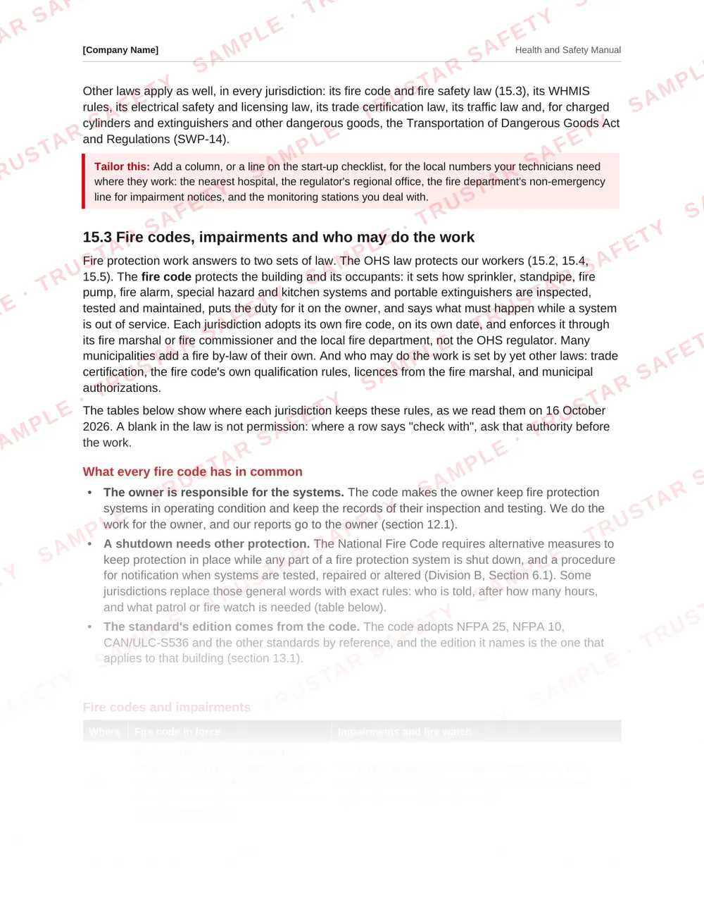 Table of each Canadian jurisdiction's rules from the fire protection service safety manual template