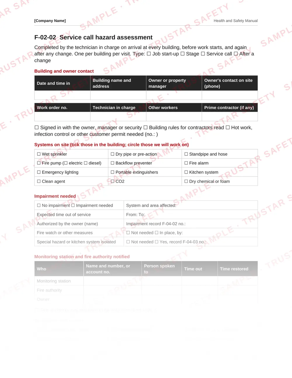 Impairment notice and fire watch record from the fire protection service safety manual template