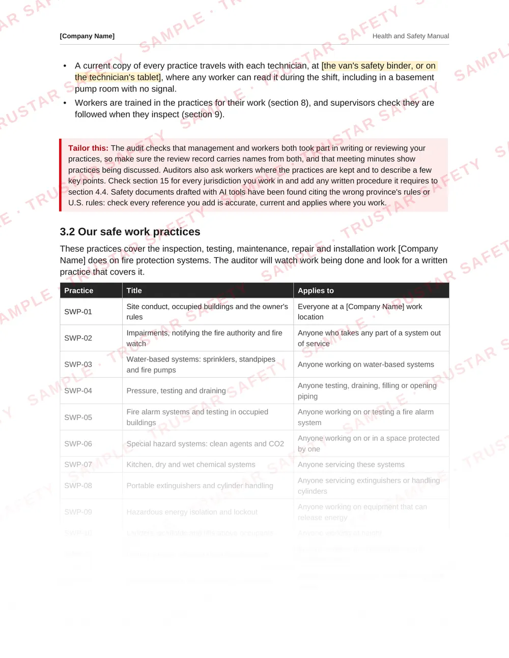 The impairments and fire watch safe work practice from the fire protection service safety manual template