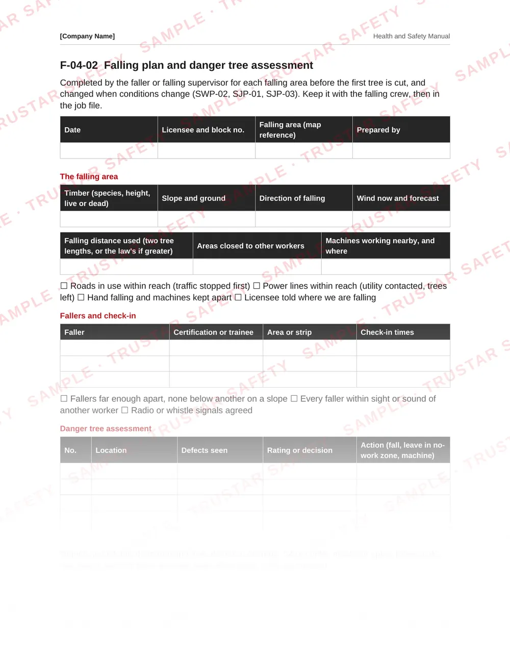 Falling plan and danger tree assessment form from the forestry and logging safety manual template