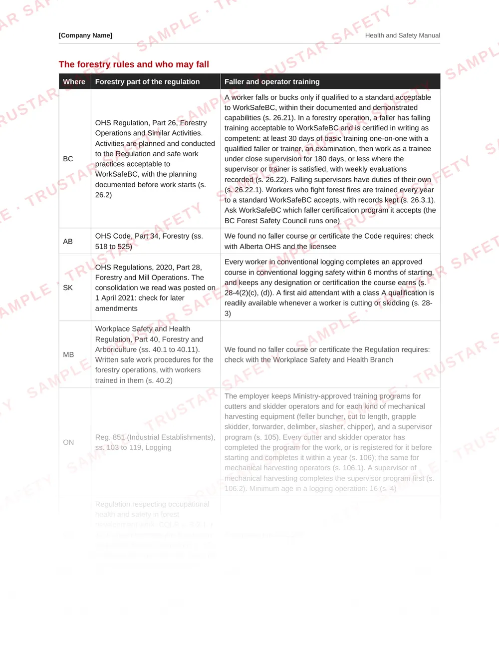Table of each Canadian jurisdiction's forestry rules from the forestry and logging safety manual template