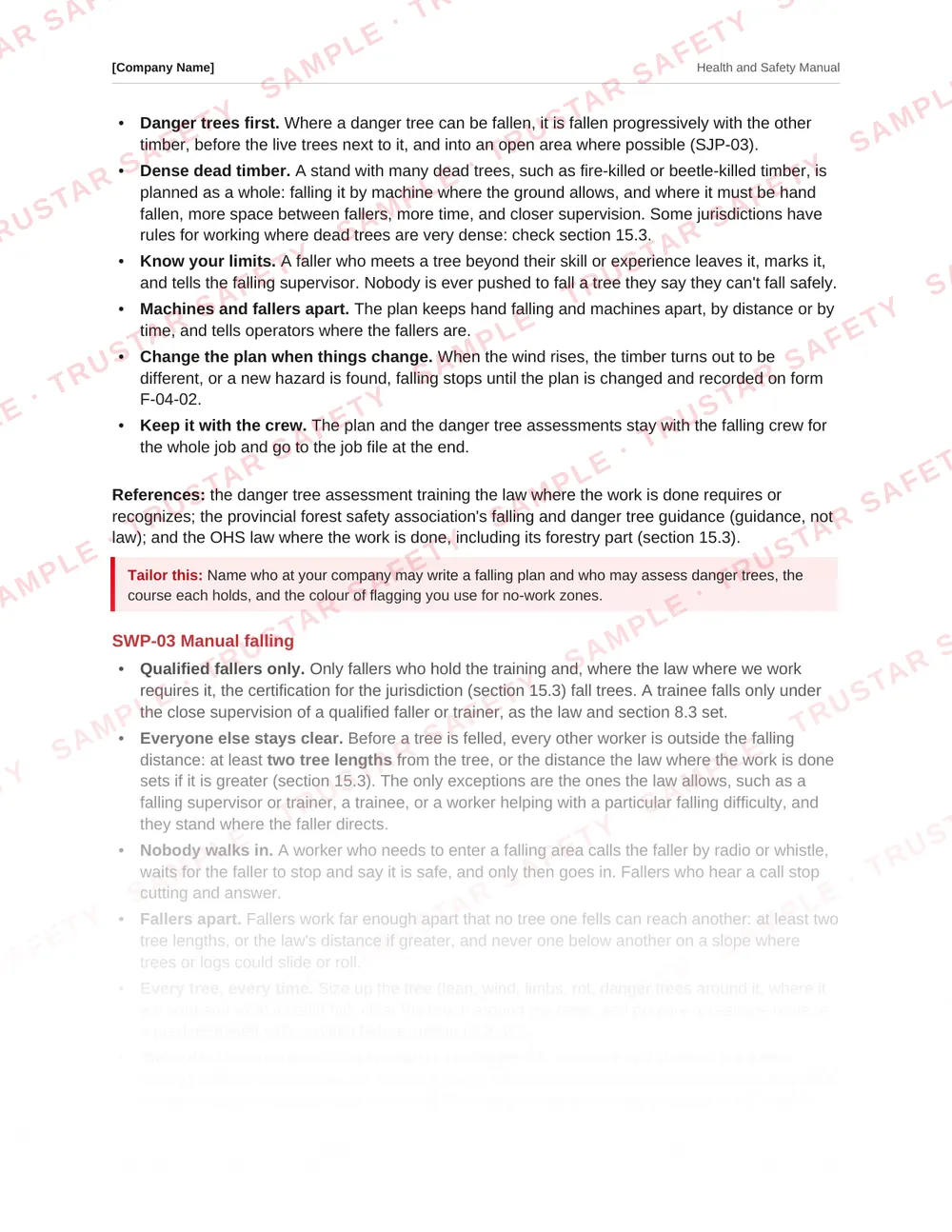 The manual falling safe work practice from the forestry and logging safety manual template