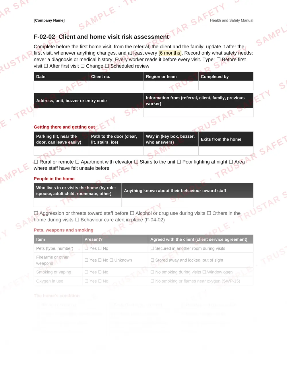 Client and home visit risk assessment form from the health care and home care safety manual template