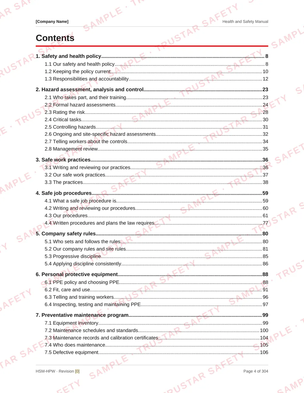 Table of contents of the industrial cleaning and water jetting safety manual template