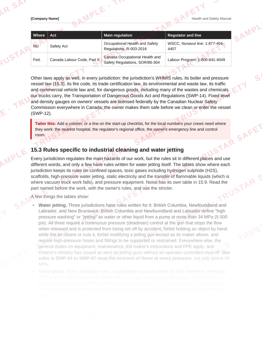 Table of each Canadian jurisdiction's water jetting rules from the industrial cleaning and water jetting safety manual template