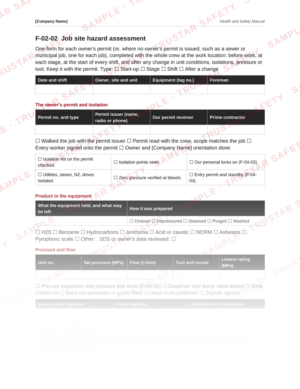 Waterjetting equipment pre-use inspection from the industrial cleaning and water jetting safety manual template