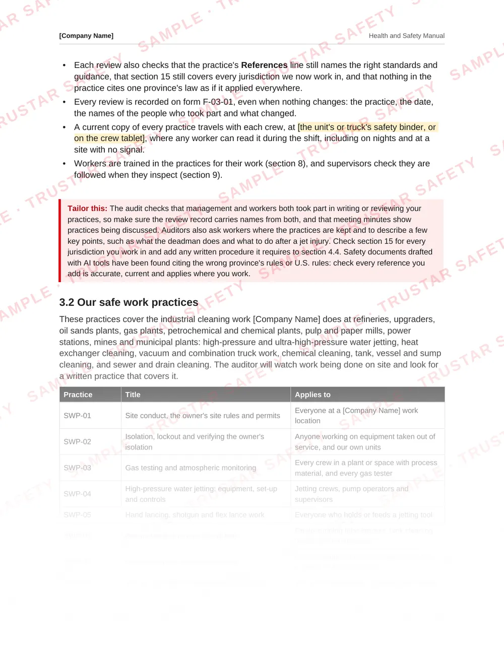 The hand lancing, shotgun and flex lance safe work practice from the industrial cleaning and water jetting safety manual template