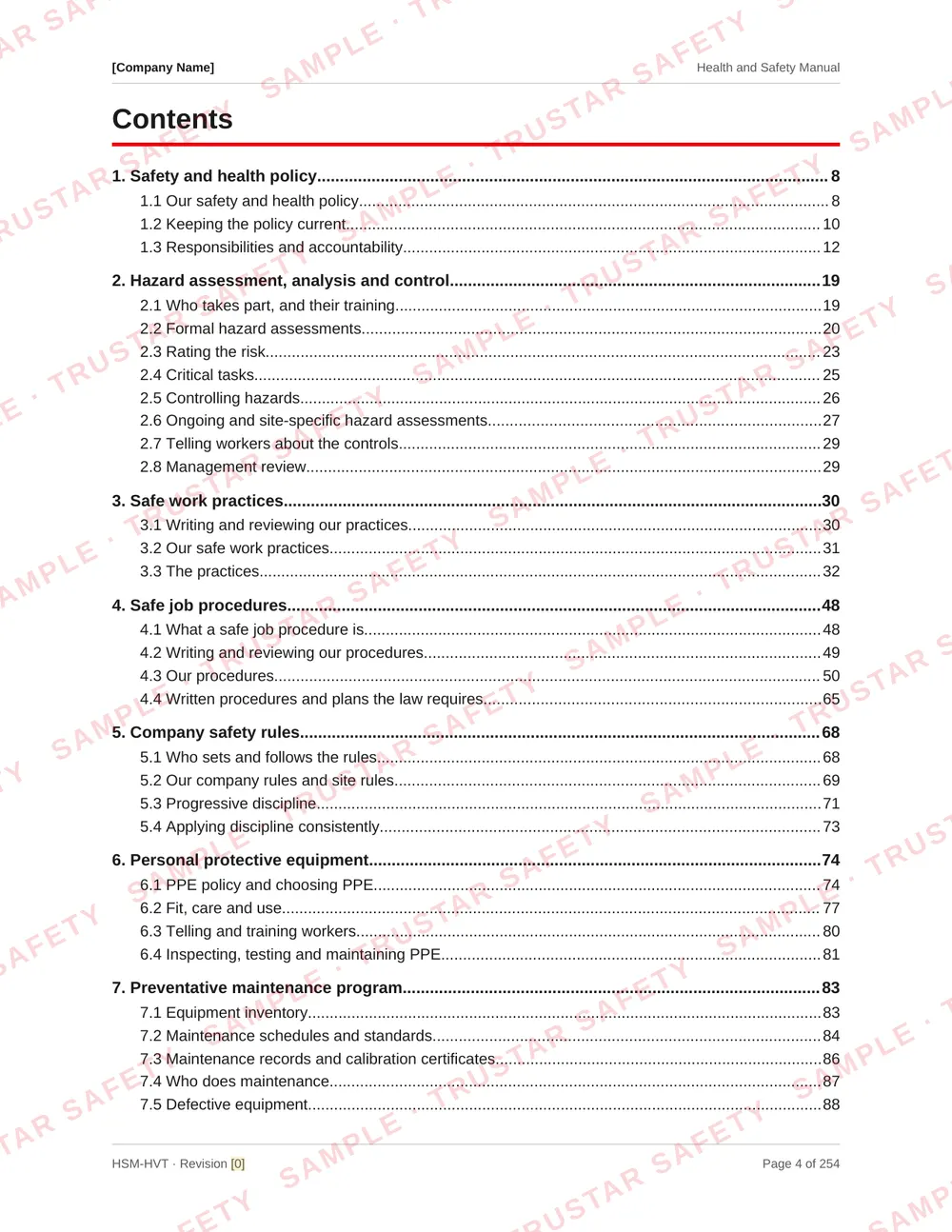 Table of contents of the high-voltage transformer field services safety manual template
