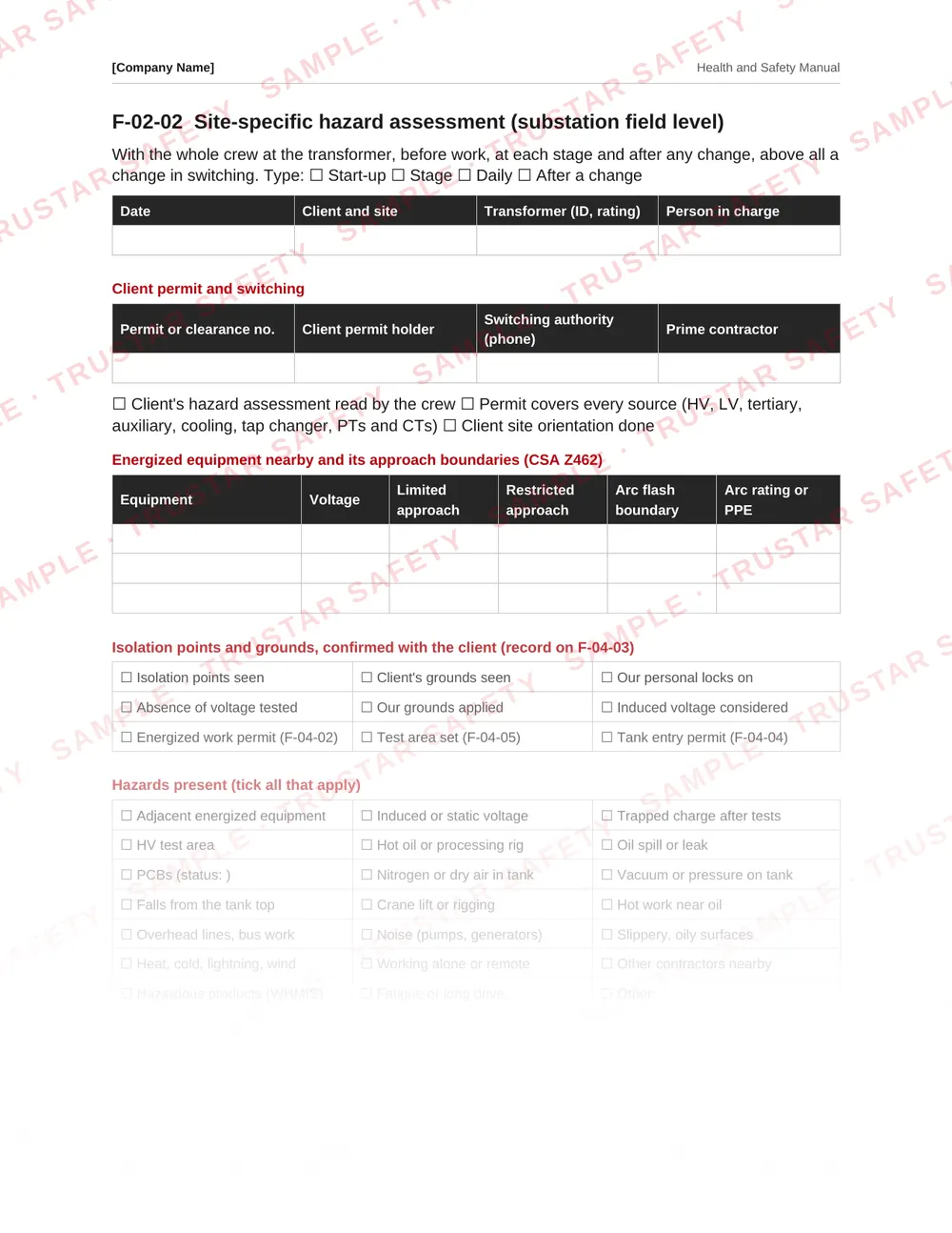 Site-specific substation hazard assessment form from the high-voltage transformer field services safety manual template