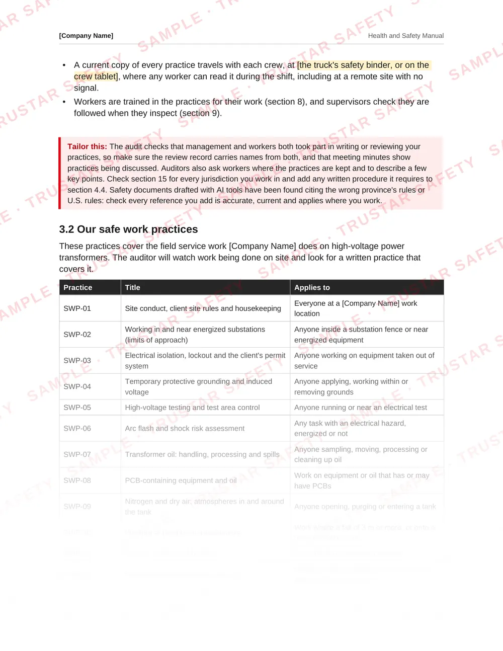 The working in and near energized substations safe work practice from the high-voltage transformer field services safety manual template