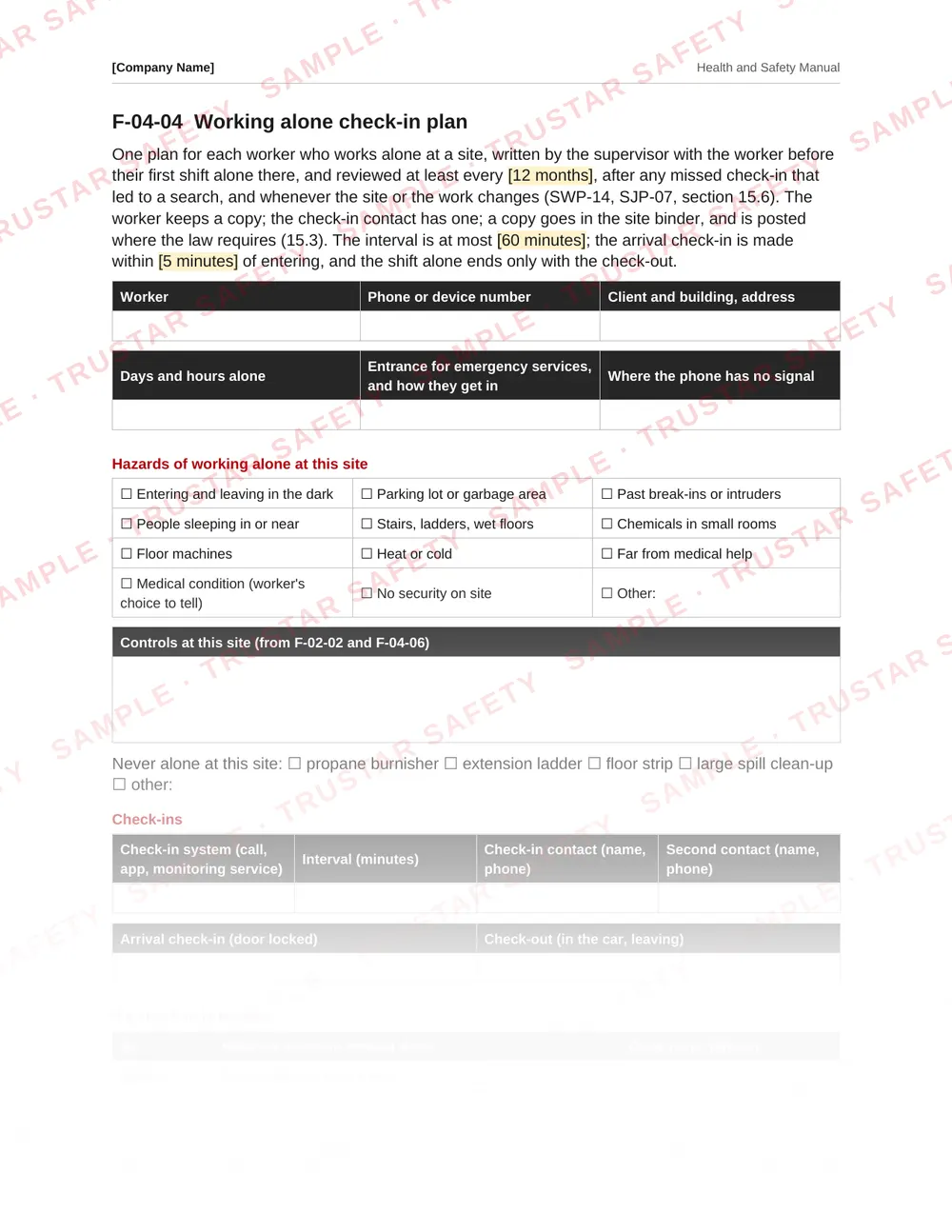 Working alone check-in plan from the janitorial and commercial cleaning safety manual template