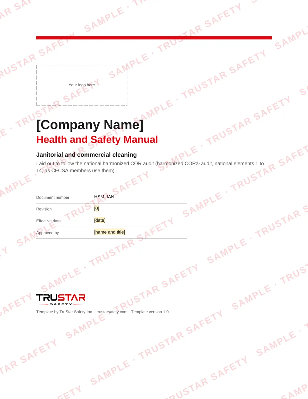 Cover of the janitorial and commercial cleaning safety manual template, with a logo box and the company name field