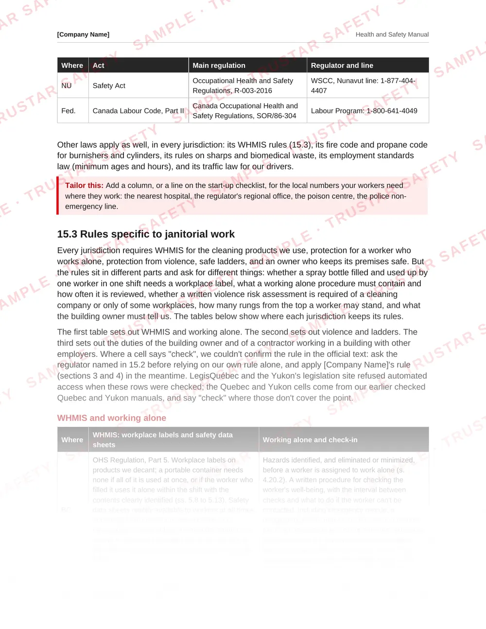 Table of each Canadian jurisdiction's rules from the janitorial and commercial cleaning safety manual template