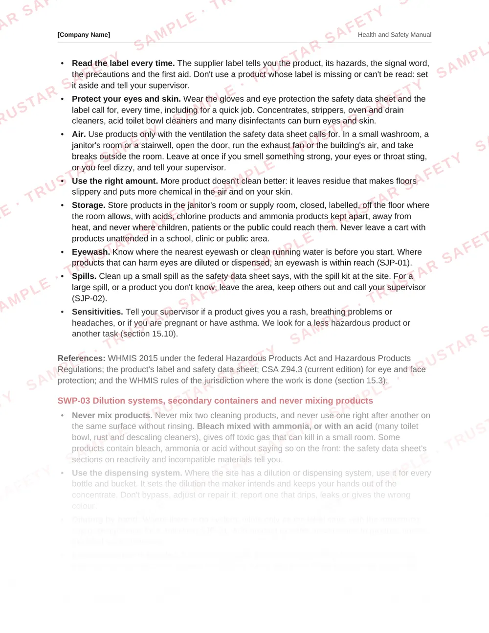 The cleaning chemicals and never-mixing safe work practices from the janitorial and commercial cleaning safety manual template
