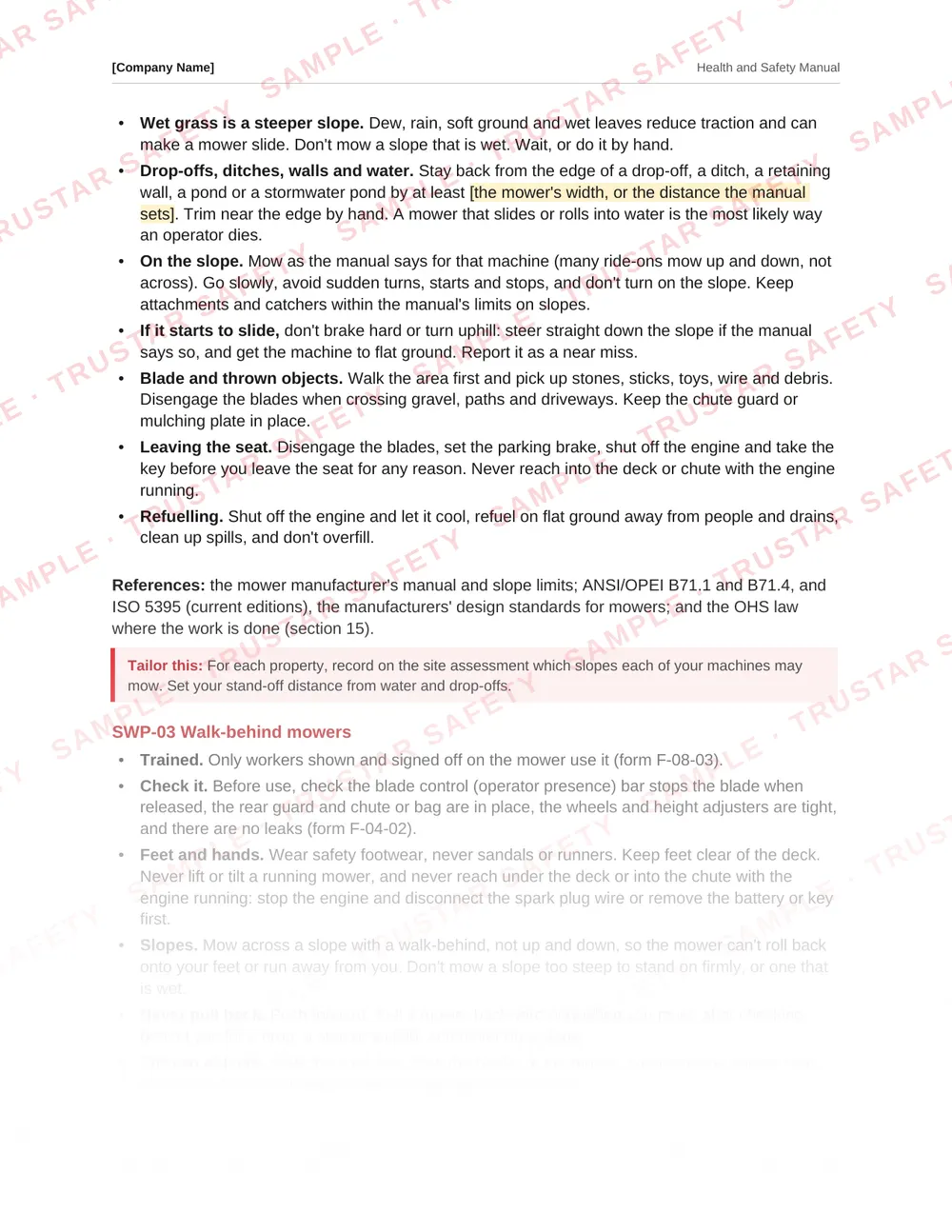 The ride-on mowers and slopes safe work practice from the landscaping and snow removal health and safety manual template
