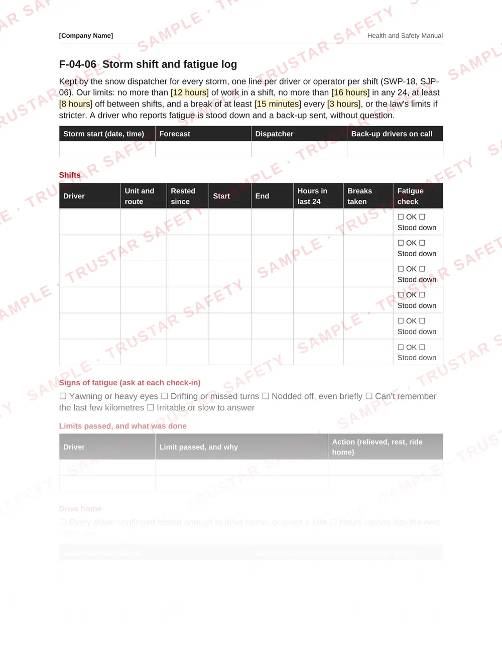 Storm shift and fatigue log from the landscaping and snow removal health and safety manual template