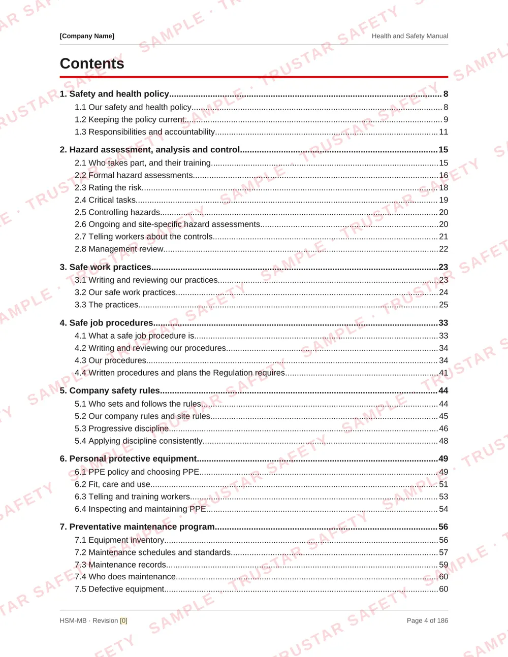 Table of contents of the Manitoba COR safety manual template, laid out by CSAM COR audit section including the Manitoba Supplement