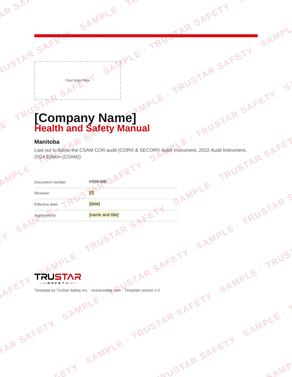 Cover of the Manitoba COR safety manual template, with a logo box and the company name field