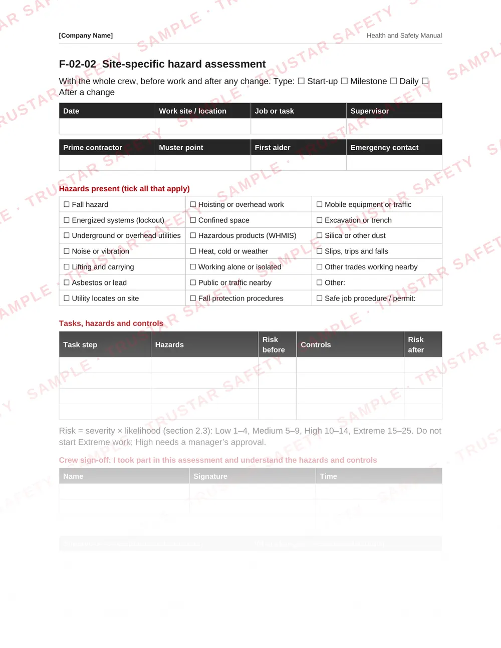 Site-specific hazard assessment form from the Manitoba safety manual template