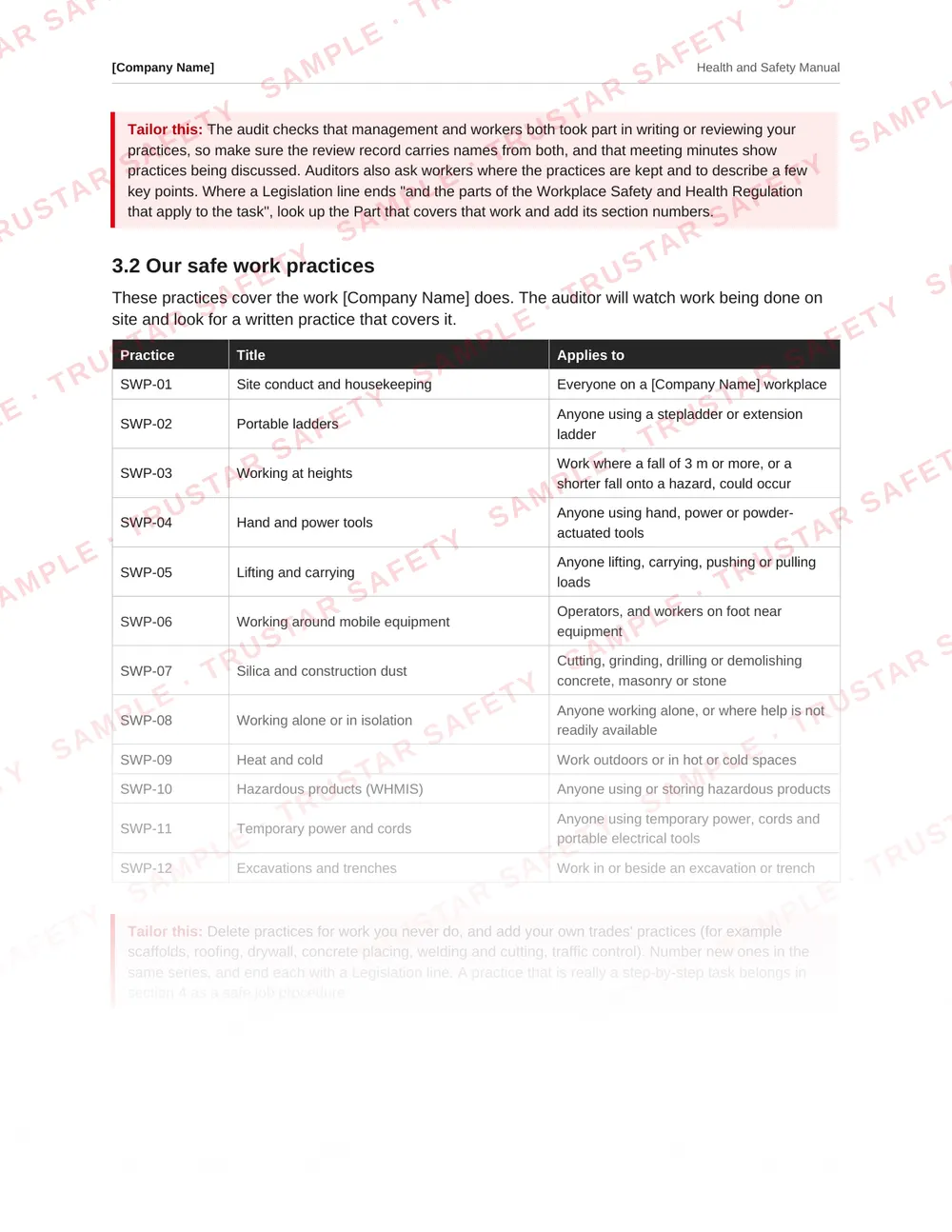 List of safe work practices from the Manitoba safety manual template, including ladders, working at heights and silica