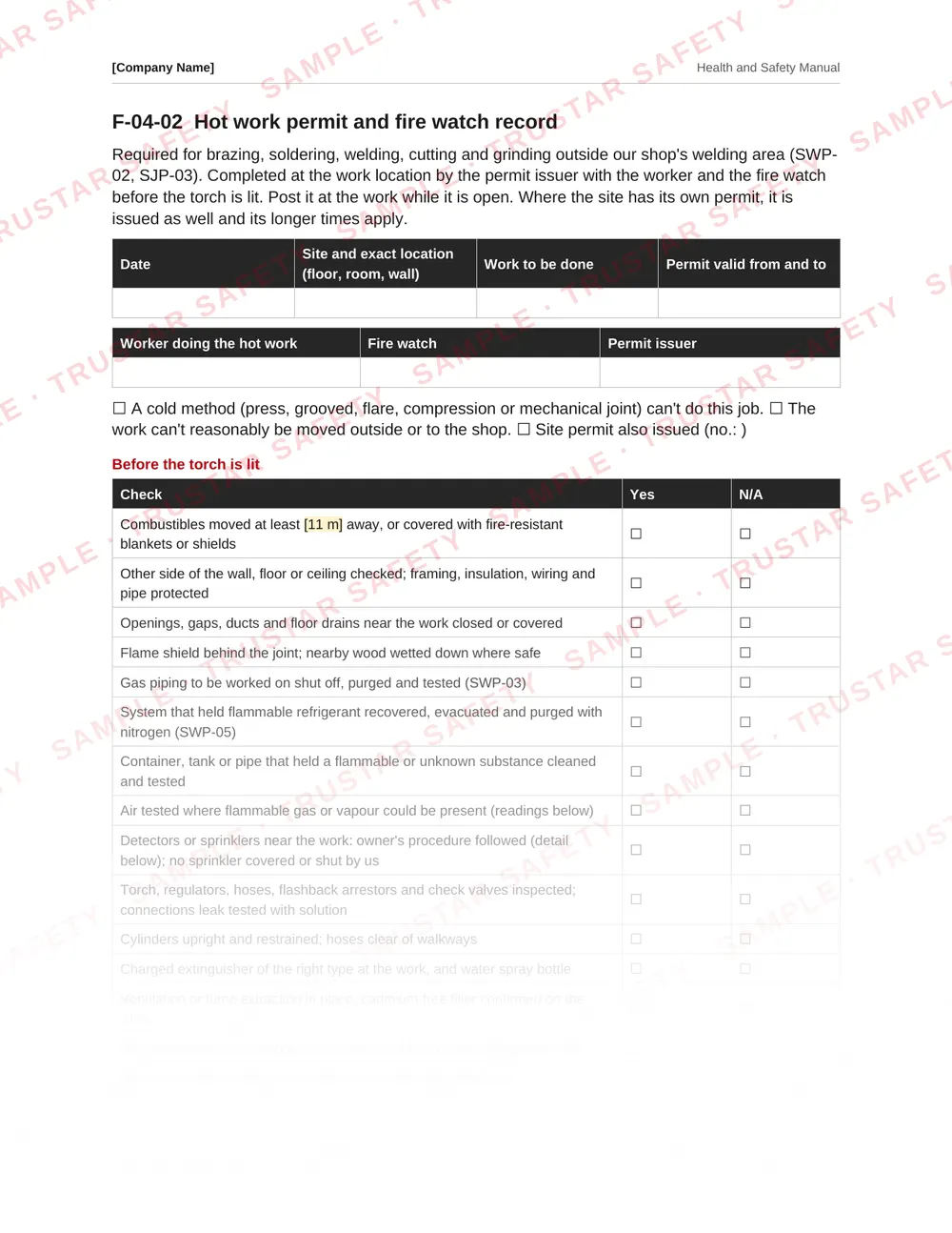 Hot work permit and fire watch record from the mechanical, plumbing and HVAC safety manual template