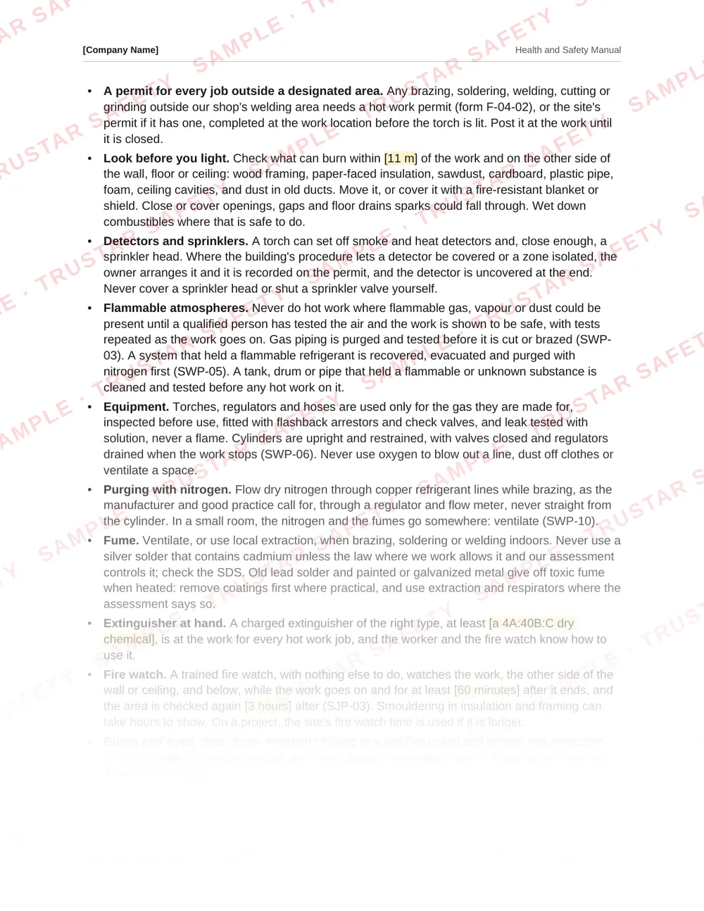 The hot work safe work practice from the mechanical, plumbing and HVAC safety manual template